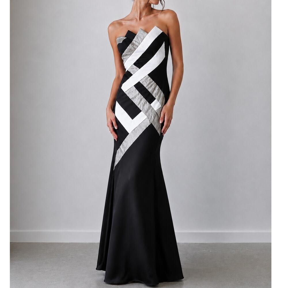 Y2K Vintage Jessica McClintock Strapless Black Metallic Mermaid Formal Gown-sz 2